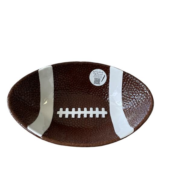 LANG Hand Painted Ceramic FOOTBALL Shaped Serving Bowl Brown White Decor NEW - Picture 11 of 14